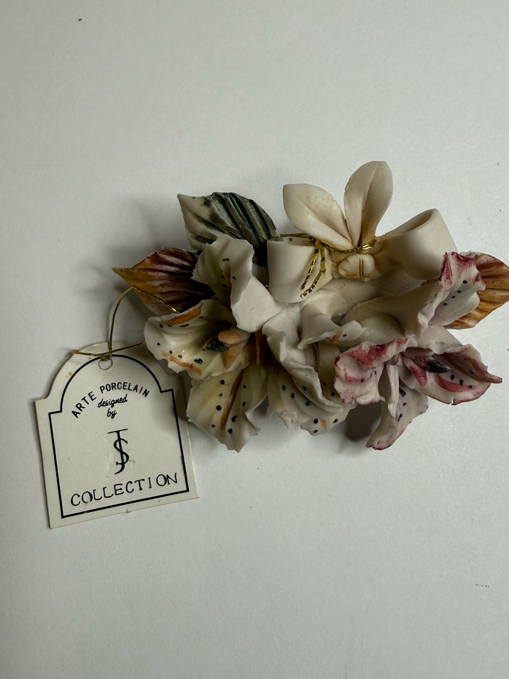 JS Collections Porcelain Floral Brooch in Cream with Pink and Green Accents